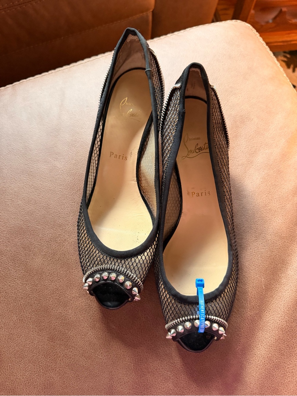Christian Louboutin Black Mesh Peep-Toe Flats with Silver Studs